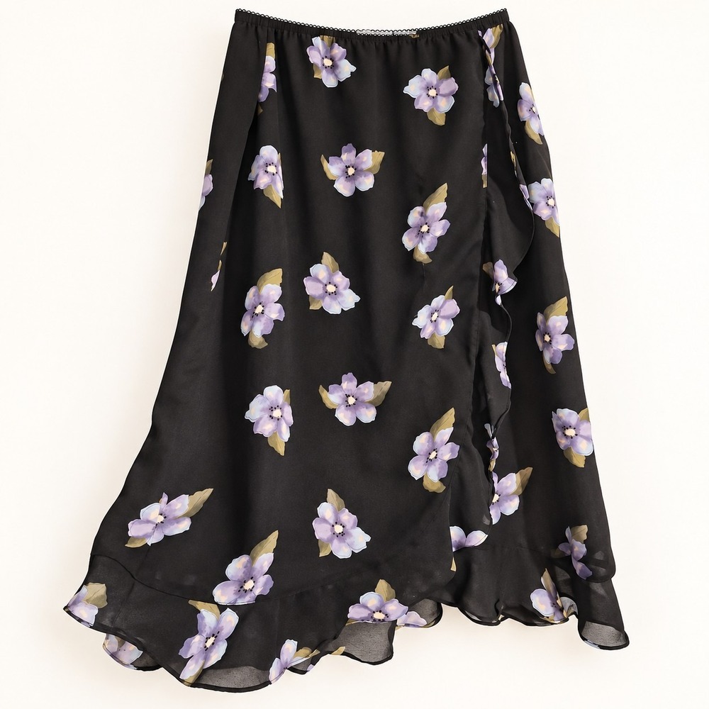 Kathy Ireland XL Black Floral Sheer Ruffle Faux Wrap Maxi Skirt Fairy Grunge